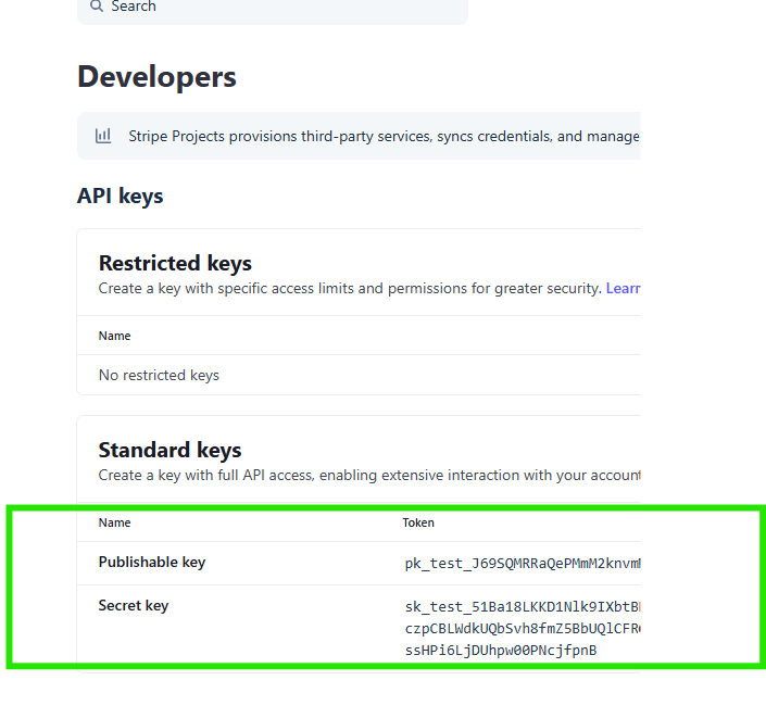 Stripe API keys page showing standard publishable and secret test keys